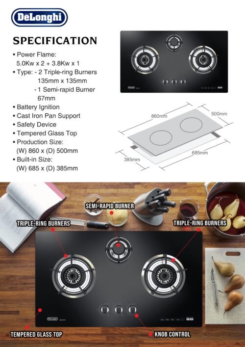 D1969 - Delonghi Promo Package Cooker Hood 1490 m3h + Gas Hob 3 burner - Image 3